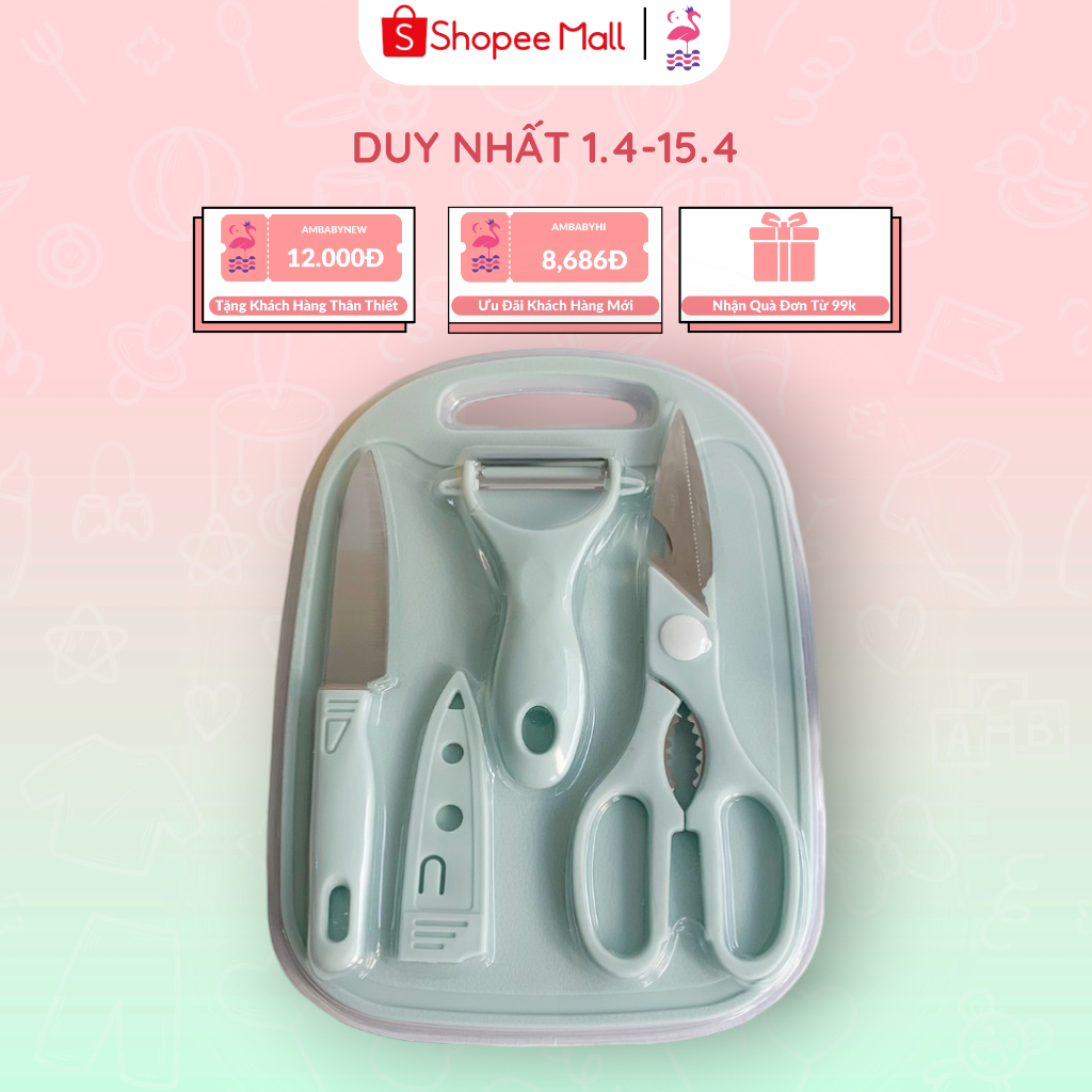 Bộ Dụng Cụ Dao Thớ Kiểu Nhật Ấm Baby Chế Biến Đồ Ăn Dặm Kiểu Nhật Cho Bé 4 Chi Tiết - Hàng Nhật Xịn Ấm Gift Decor