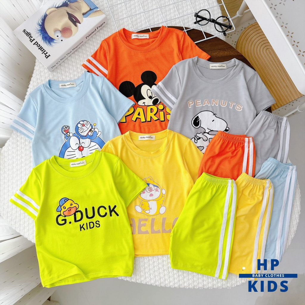 Bộ cộc tay Minky Mom thun lạnh size 8-28kg in hình không bong tróc cho bé trai bé gái - Voi kids shop