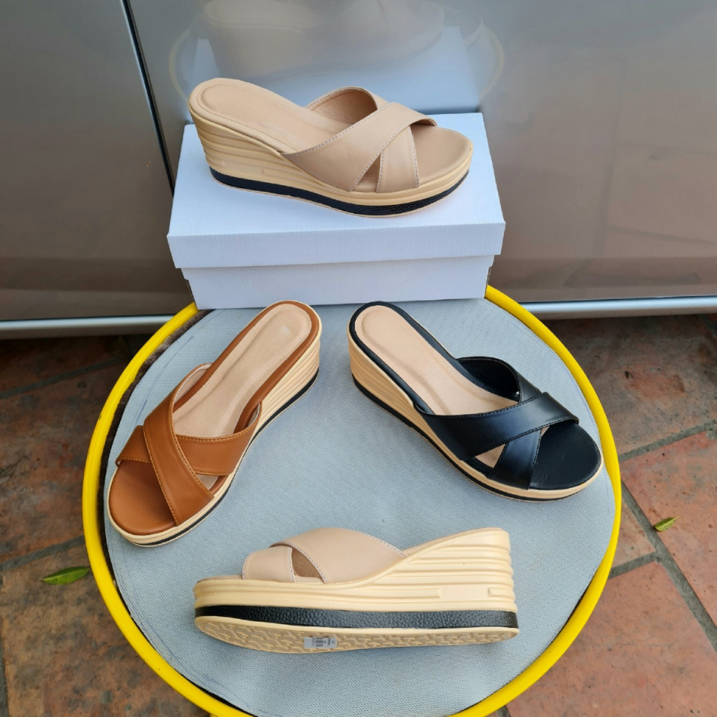 Dép quai chéo xuông 7cm quai da Microfiber đế PU nhẹ chống trượt