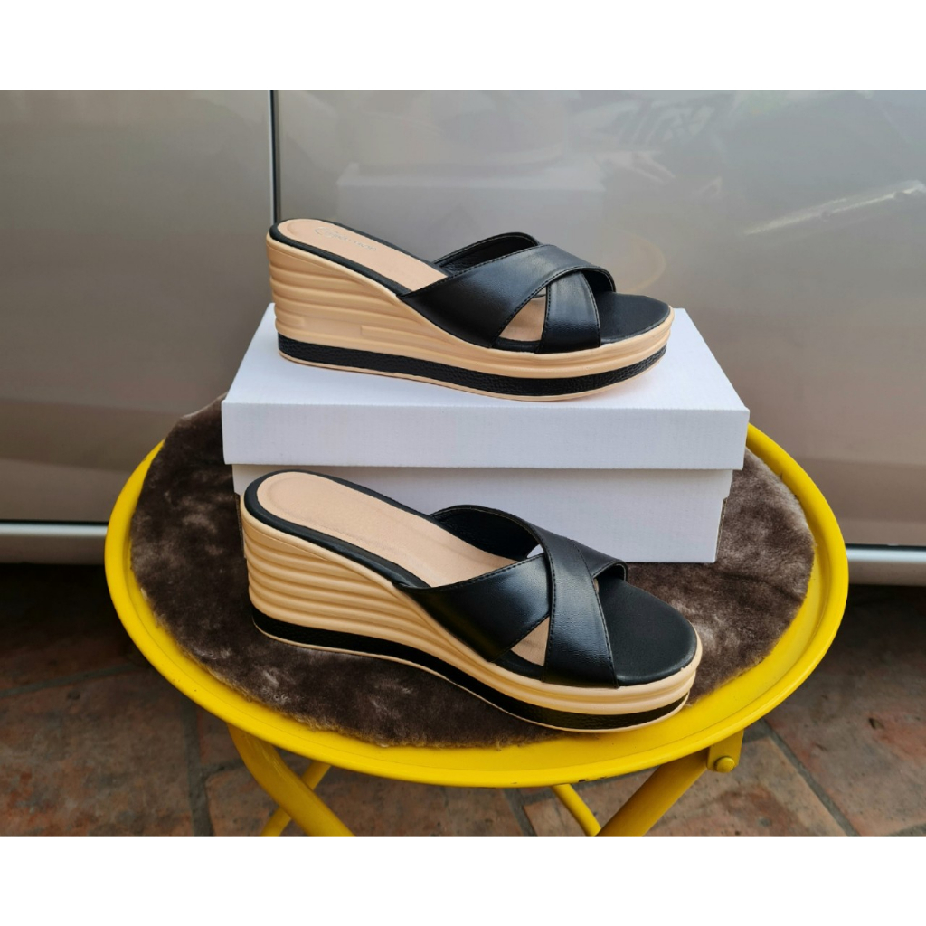 Dép quai chéo xuông 7cm quai da Microfiber đế PU nhẹ chống trượt