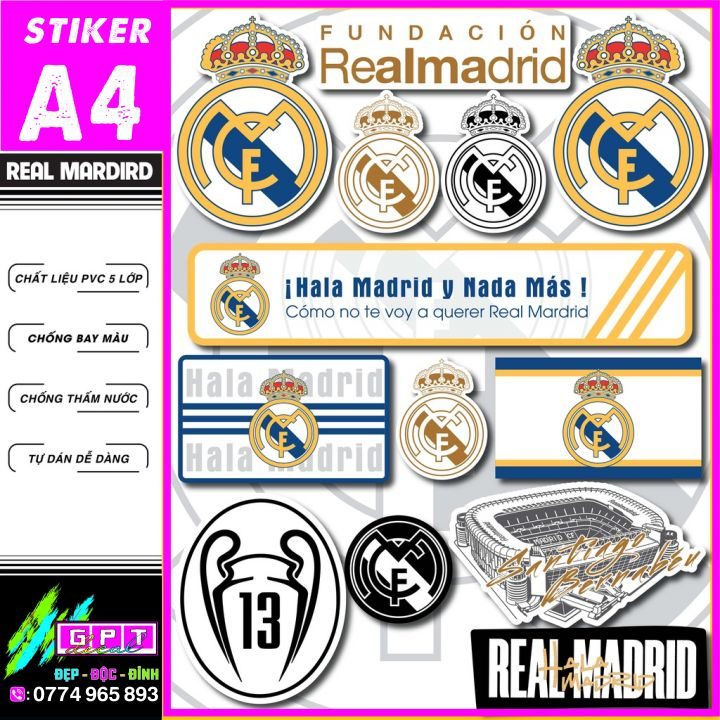 TEM Bóng Đá CLB REAL MADRID ,Hình Dán Đa Vị Trí Cho Mọi Xe Máy , Sticker Trang Trí Cho Các Thiết Bị Công Nghệ ( 1 set)