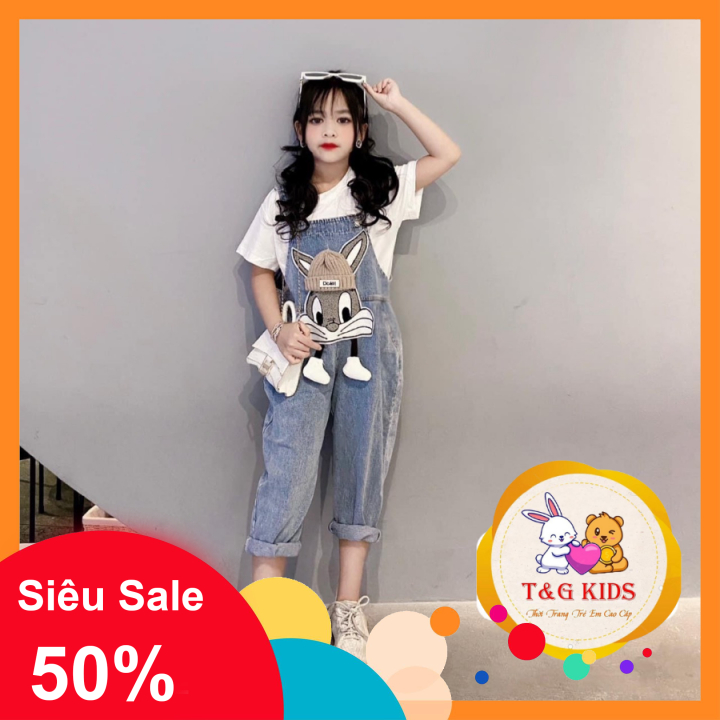 set yếm quần bò bé gái kèm áo cotton mềm mát gắn thỏ xinh nổi có mũ len thật,chân nhồi bông dễ thương cá tính năng động