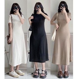 Đầm suông midi cổ tròn họa tiết xương cá chất thun gân co giãn 4 chiều 3 màu dáng dài sang chảnh