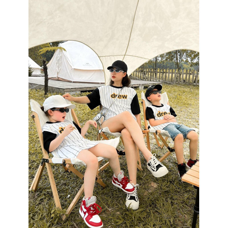 Áo thun gia đình Drew kẻ sọc phối tay raglan cho bé , áo phông trẻ em unisex , Kid_genz