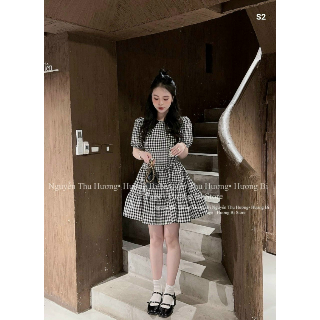 Đầm tiểu thư, đầm đen caro cổ bèo tay phồng dáng xoè xinh xắn, đầm midi ôm eo xoè tầng tay búp caro đen mtb
