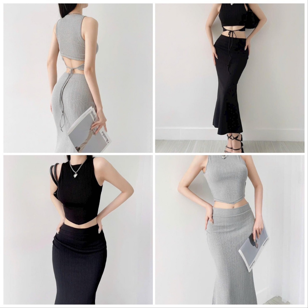 Set Áo Kèm Chân Váy Đuôi Cá Cột Kiểu