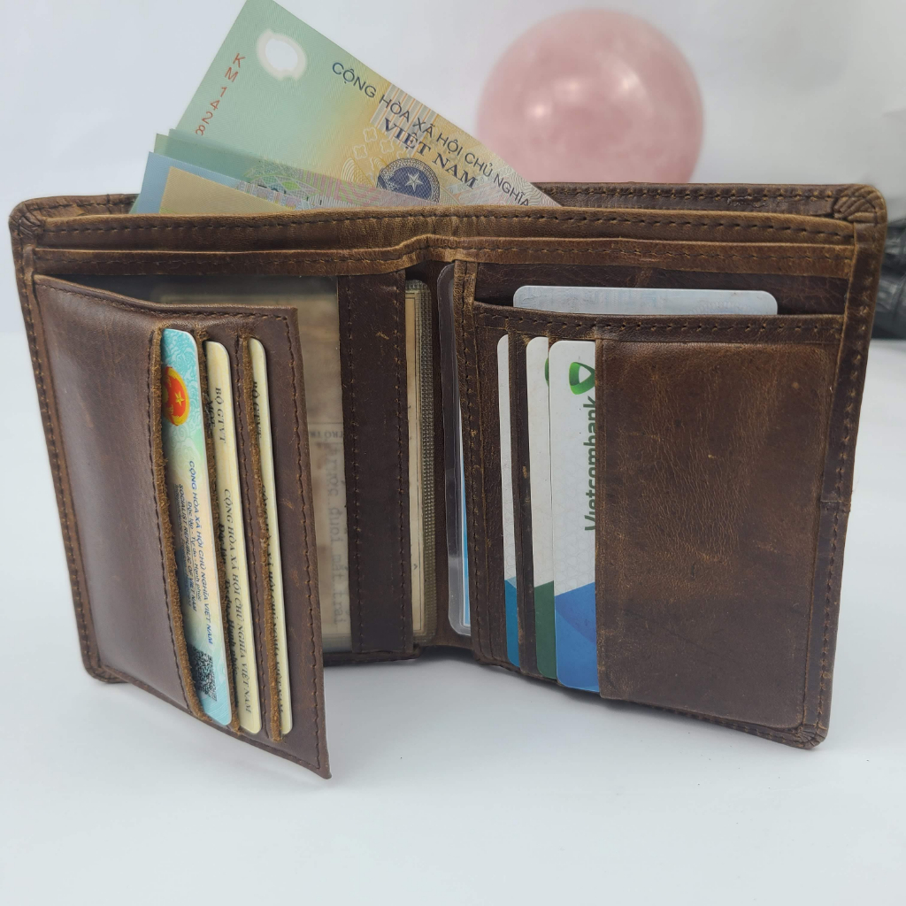 Ví nam da bò sáp cao cấp - 100% da bò thật, thiết kế 10 ngăn chứa thẻ và bỏ vừa giấy tờ xe cũ