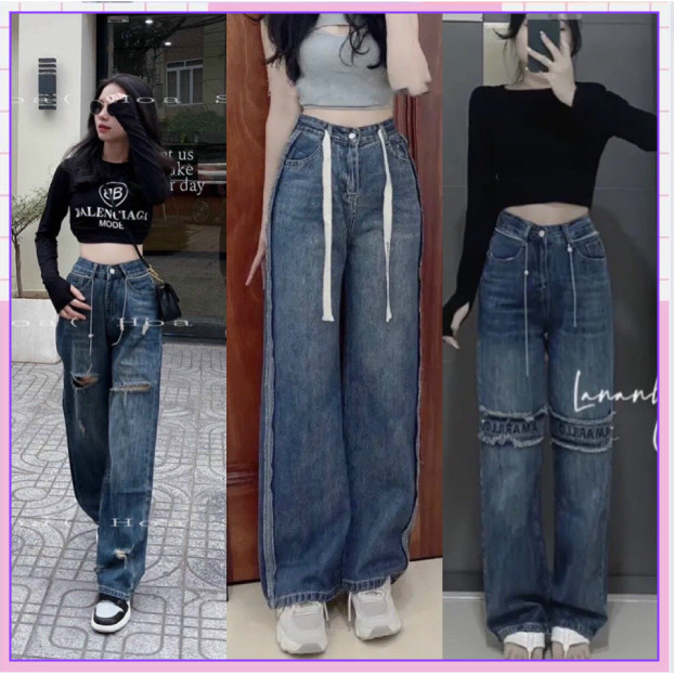 Quần bò jean ống rộng suông xuông nữ jeans cạp cao túi trước thêu gối phong cách Hàn Quốc 2023 | BigBuy360 - bigbuy360.vn