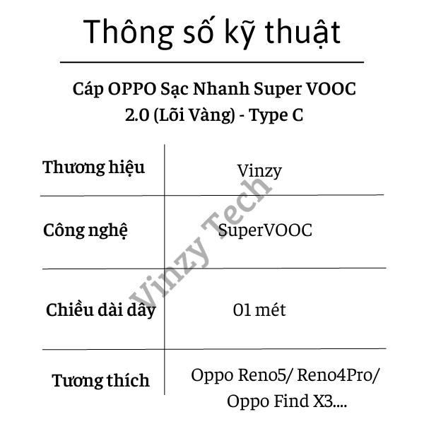 Cáp OPPO Sạc Nhanh Super VOOC 2.0 Oppo (Lõi Vàng) - Type C - Chính Hãng Vinzy bảo hành 6 tháng