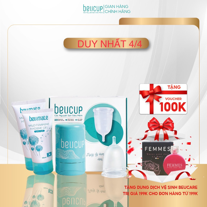 Combo 1 Bộ Cốc Nguyệt San BeUcup Silicol Siêu mềm và 1 Dung Dịch Vệ Sinh CNS Beumate