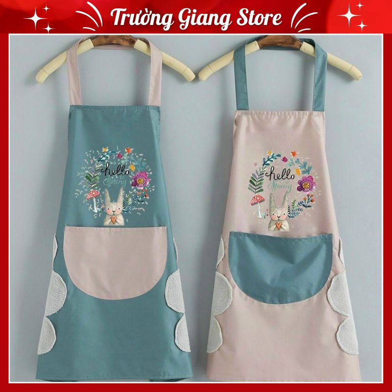 Tạp Dề Hoa Thỏ Chống Thấm Nước Có Chỗ Lau Tay