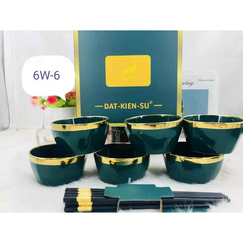 SÉT 6 BÁT ĂN CƠM VIỀN VÀNG MÀU XANH CỔ VỊT PHONG CÁCH HOÀNG GIA + 6 ĐÔI ĐŨA ĂN MẠ VÀNG SANG XỊN