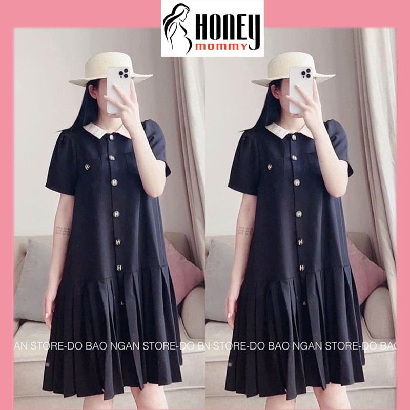 Đầm Bầu Váy Bầu Công Sở Mùa Hè Cổ Sơ Mi Dáng Xuông Dập Ly Lịch Sự Nhã Nhặn Đi Chơi Đi Làm HD2756 Honey Mommy