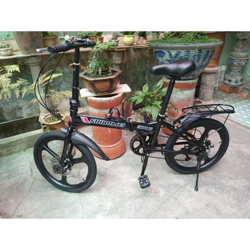 Xe đạp gấp gon Shibomei 20inch điều chỉnh chiều cao dành cho người lớn và trẻ em,  có chắn bùn và ghế ngồi sau