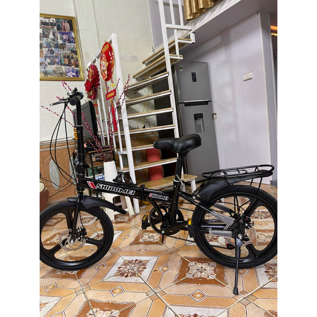 Xe đạp gấp gon Shibomei 20inch điều chỉnh chiều cao dành cho người lớn và trẻ em,  có chắn bùn và ghế ngồi sau