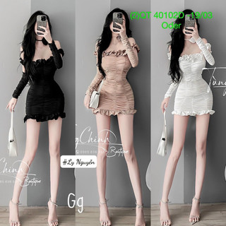 ĐẦM BODY BỆT VAI DÁNG NGẮN TAY RỜI KÈM HOA ĐEO