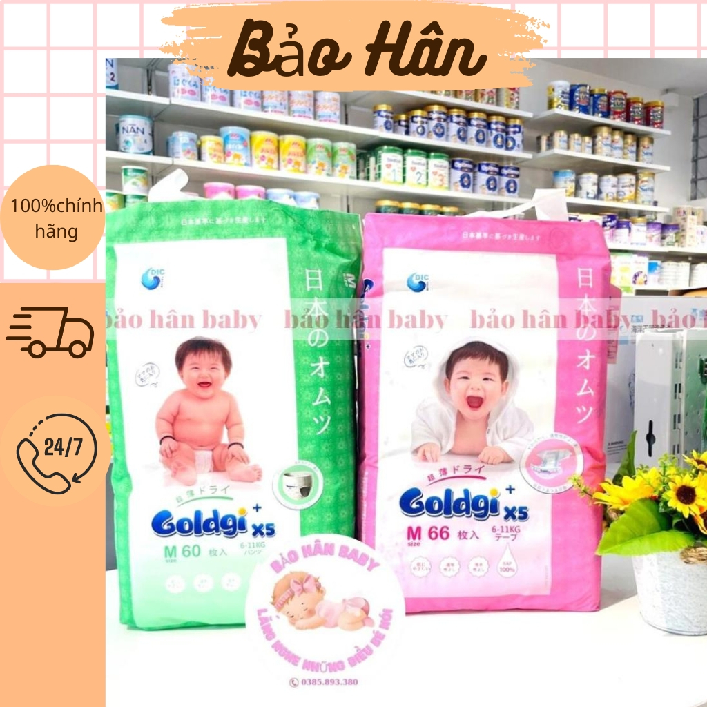 Bỉm Dán/Quần cao cấp Goldgi X5 đủ size Nb92/S84/M66/M60/L48/XL44/XXL32