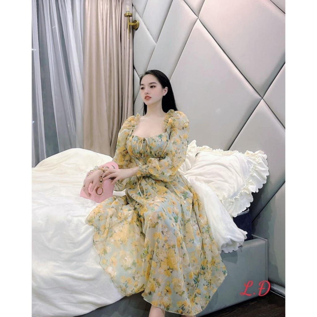 M306 - Đầm voan hoa cổ vuông cúp ngực thắt nơ tay dài dáng xòe (2 màu, ảnh thật)