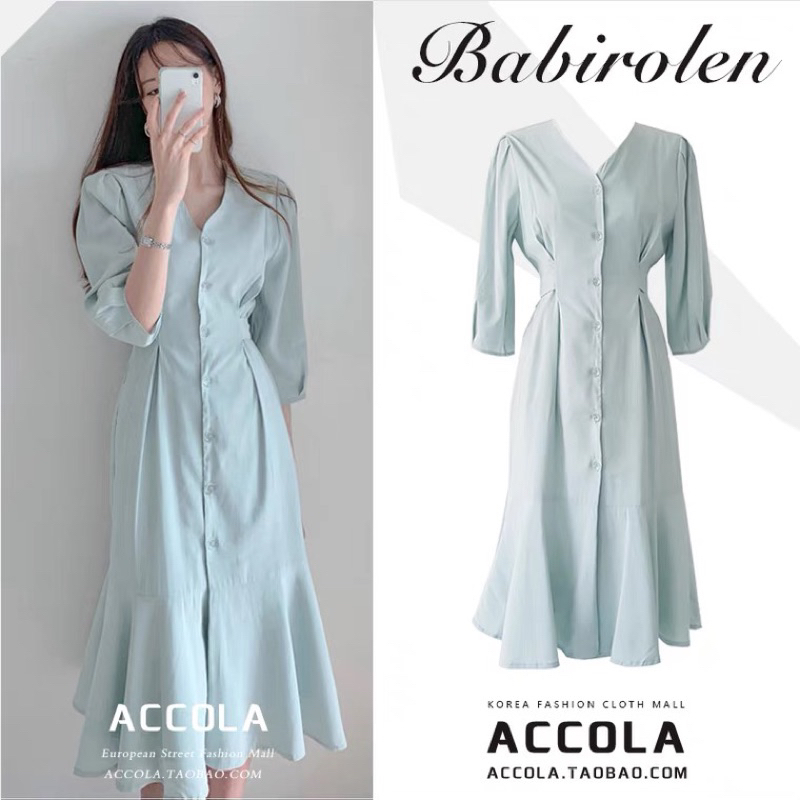 Váy Accola dáng dài cổ V khuy cải dọc xèo đuôi cá phong cách đơn giản dịu dàng hàng QCCC