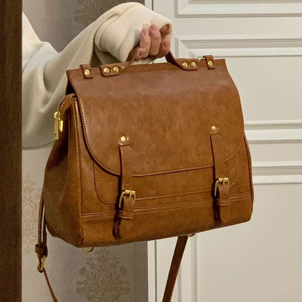 Balo da màu nâu Vintage fom lớn tiện dụng,vừa lap 13.6 inch