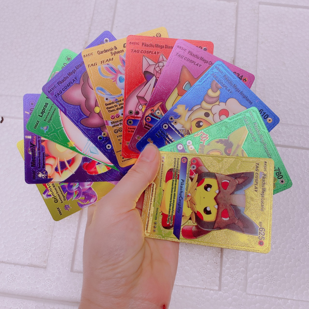 ✅[Gói 10 Thẻ] Thẻ Bài - Quân Bài - Bộ Bài Pokemon Kim Loại Mạ Vàng, Bạc, Đen, 7 Màu. Quà Tặng Khen Thưởng Cho Bé Trai