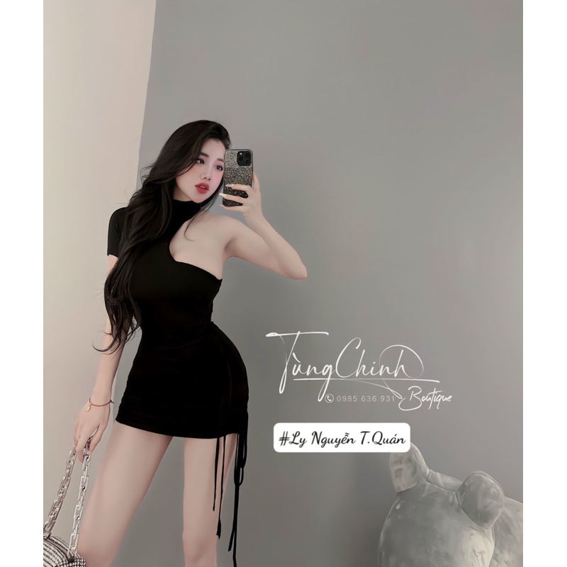 ĐẦM BODY TAY NGẮN LỆCH VAI DÂY RÚT HÔNG SEXY