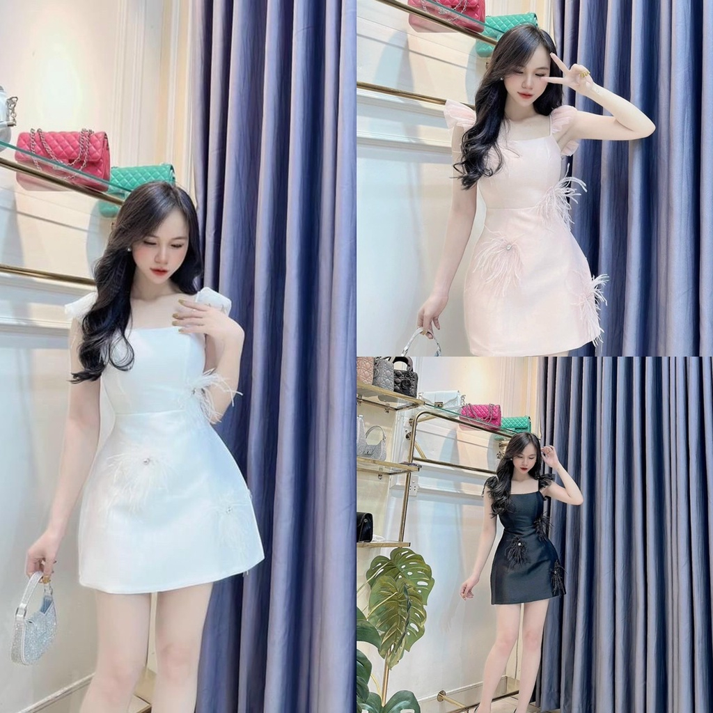 Đầm váy nữ hai dây phối lông vũ váy dáng xòe thiết kế 3 màu thanh lịch sang chảnh 123