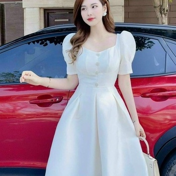 Đầm xòe tay phồng đính cườm kiểu đầm màu trắng dự tiệc phong cách tiểu thư trẻ trung thời trang nữ 145