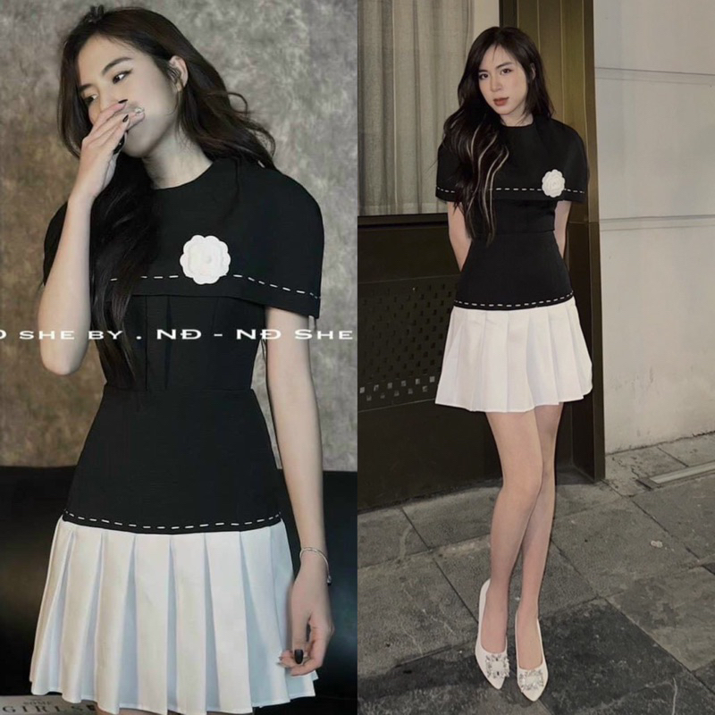 Váy Peplum Chạy Viền Trắng Tùng Dập Li Cài Hoa Sang Trọng Thanh Lịch