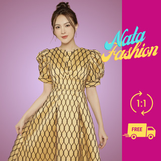 Đầm xoè tay phồng phối lưới caro