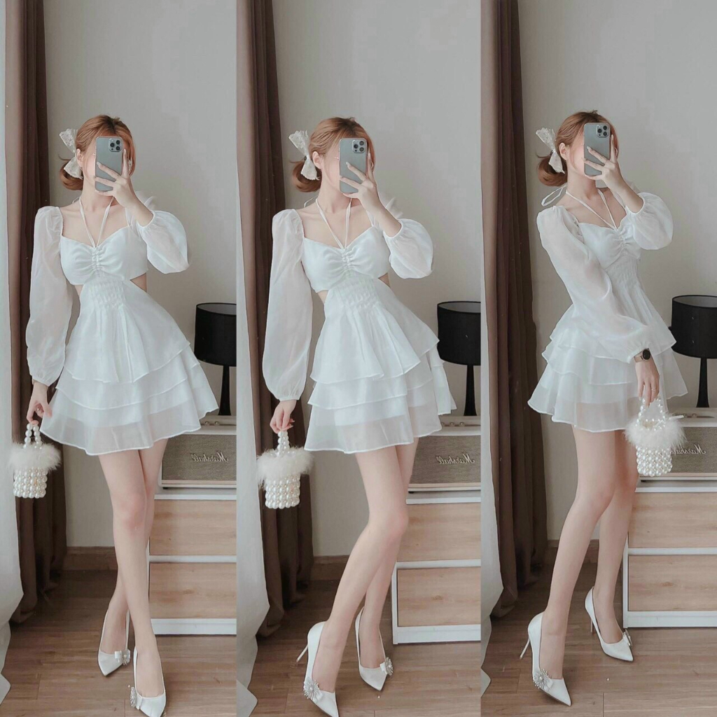 ĐẦM TRẮNG TẦNG XÒE CỘT DÂY KHOÉT EO