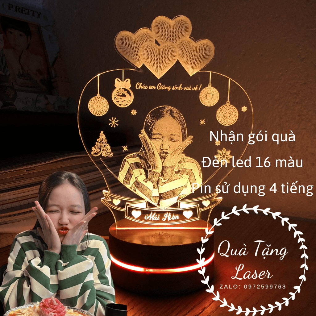 Đèn led 3d khắc ảnh theo yêu cầu - Quà tặng dịp giáng sinh độc đáo và ý nghĩa - Đế gỗ nhập khẩu cao cấp có viền sáng
