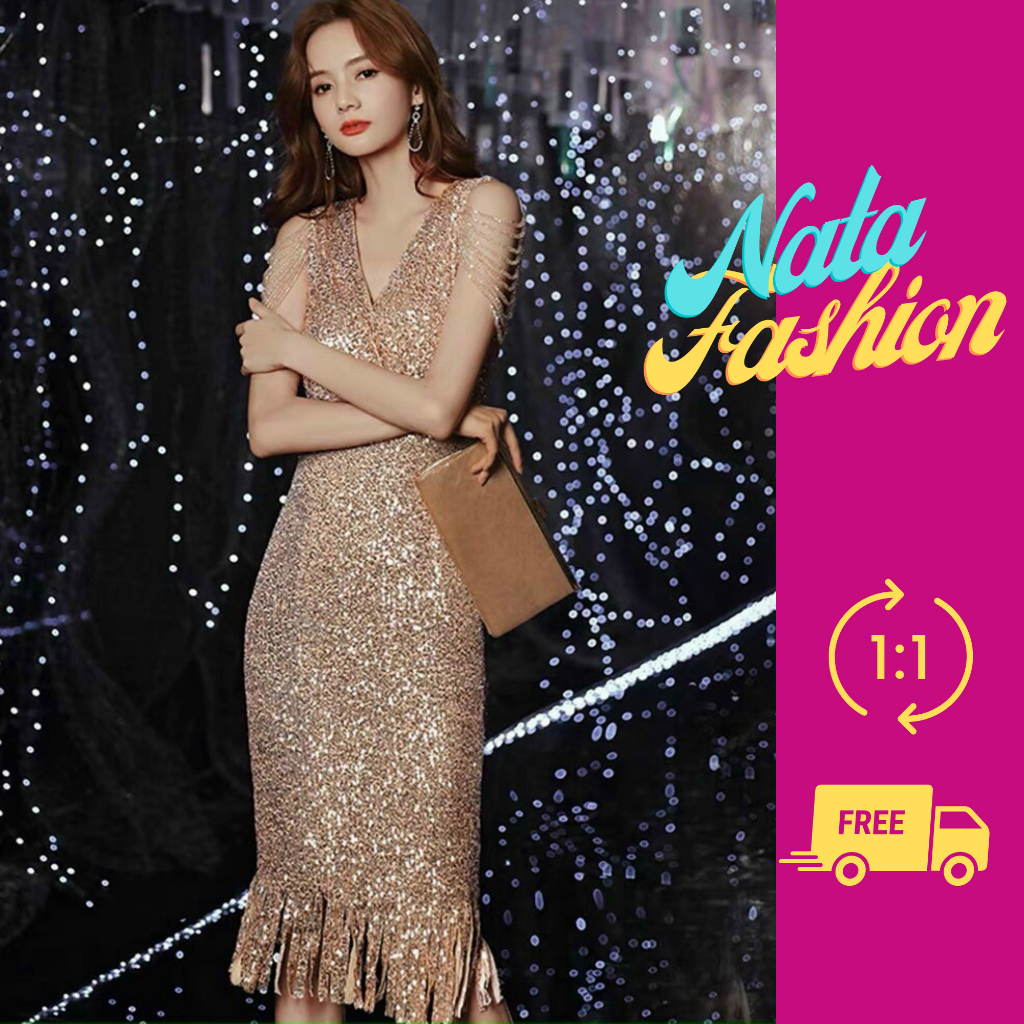 Đầm Dạ Hội Cao Cấp, Đầm Dự Tiệc Sang Trọng Kim Sa Chuỗi Vai