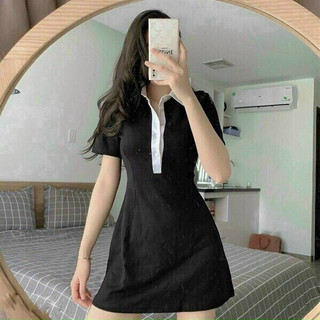 Đầm đen cổ bẻ phối trắng đơn giản dáng váy chữ a