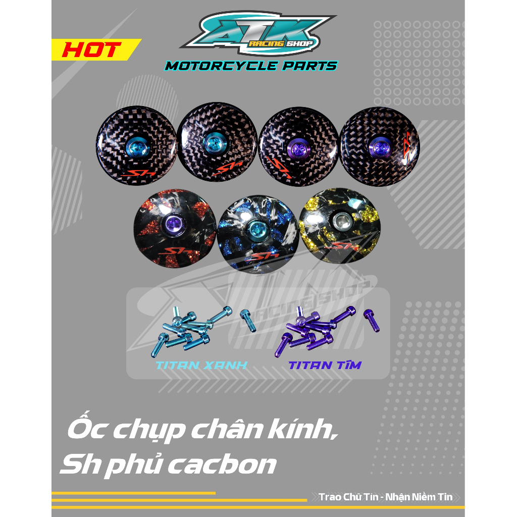 Ốc nắp chụp che chân kính xe Sh các đời,che gương chiếu hậu phủ cacbon chữ SH màu đỏ