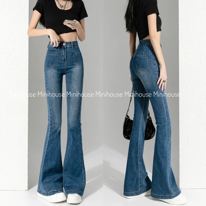 Quần jeans ống loe túi 2 mặt trước màu xanh đậm háck dáng 2023