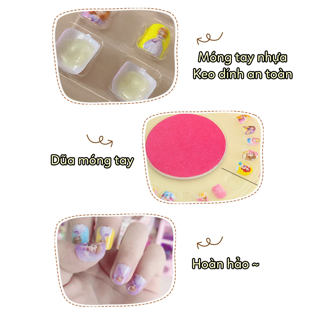 Combo set dán móng tay nhựa kèm keo dán và 1 tấm sticker 3D cho bé gái công chúa Disney, Frozen Elsa, Mickey - DMT01