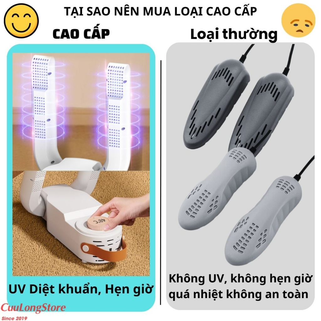 Máy Sấy Giày Khử Mùi Hôi Vi Khuẩn Bằng Tía Cực Tím, làm khô khử trùng nhanh tất găng tay, hẹn giờ tự ngắt thông minh