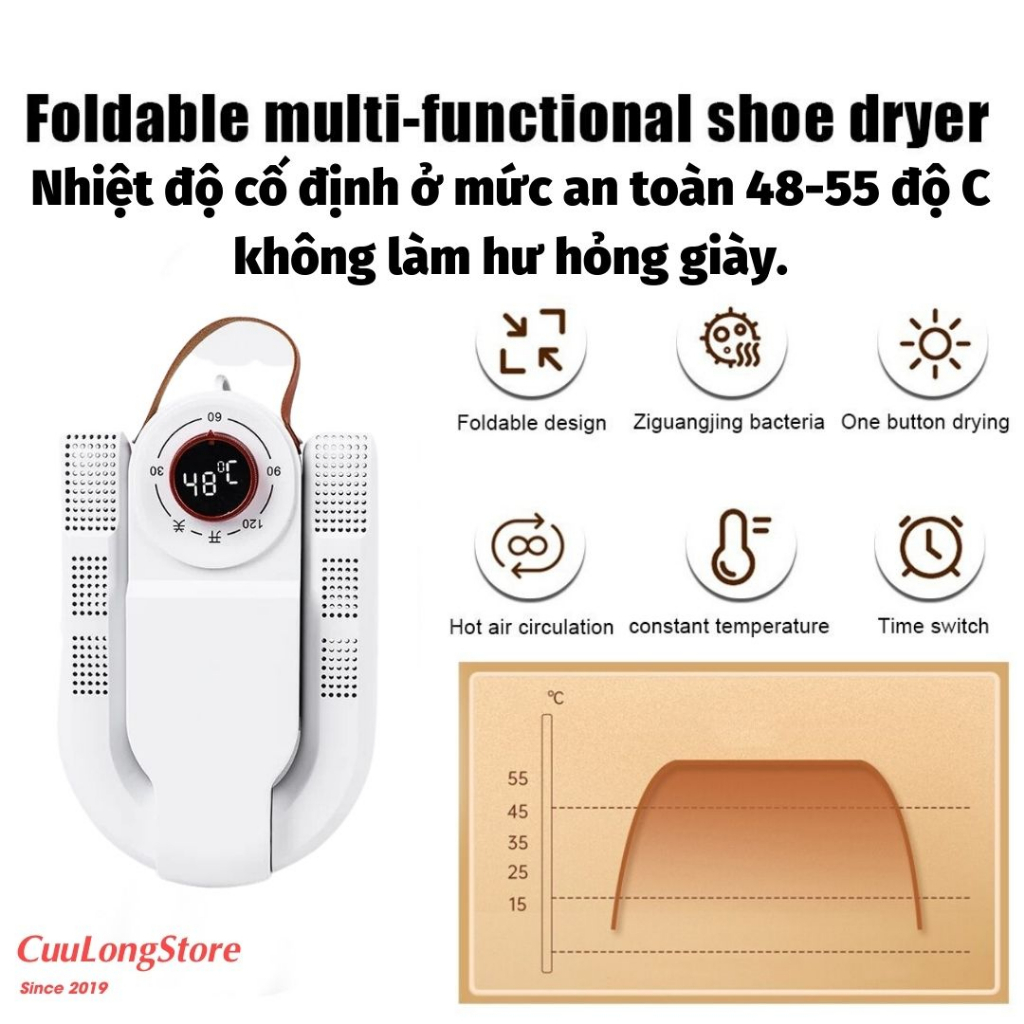 Máy Sấy Giày Khử Mùi Hôi Vi Khuẩn Bằng Tía Cực Tím, làm khô khử trùng nhanh tất găng tay, hẹn giờ tự ngắt thông minh