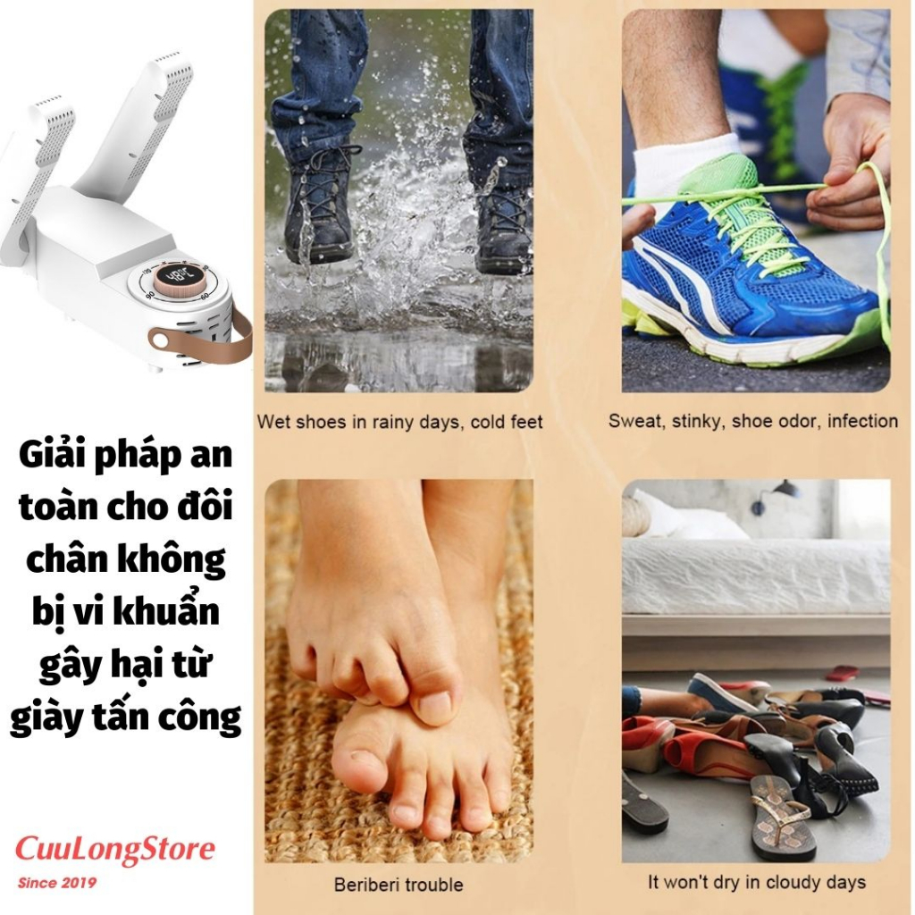 Máy Sấy Giày Khử Mùi Hôi Vi Khuẩn Bằng Tía Cực Tím, làm khô khử trùng nhanh tất găng tay, hẹn giờ tự ngắt thông minh