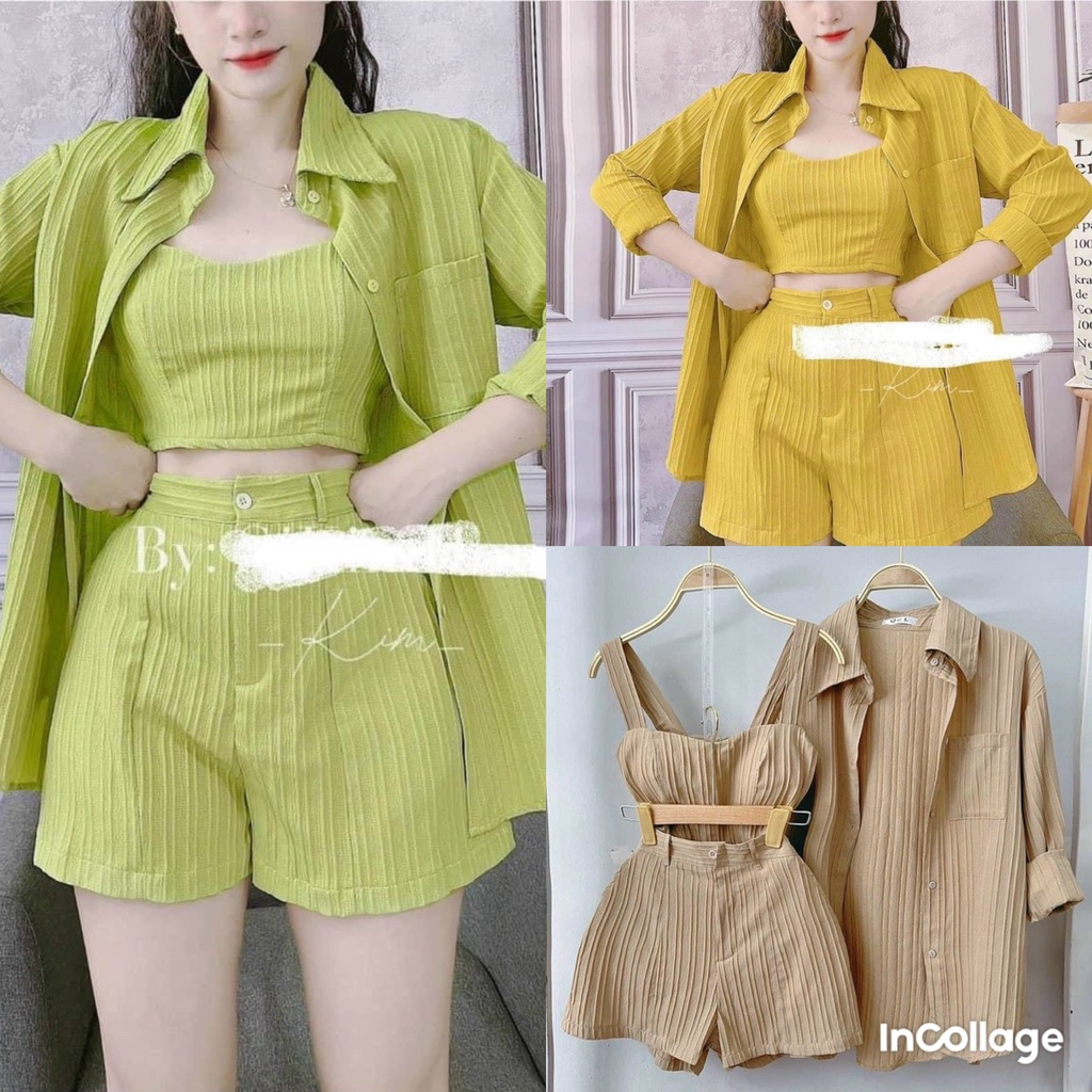 Sét 3 Món Đồ Nữ Đi Biển, Sơ Mi Quần Đùi Kèm Áo Bra Chất Xốp Đũi Dạo Phố Đi Biển Sang Chảnh 146