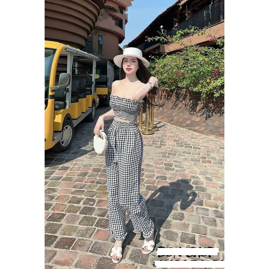 Sét Quần Ống Rộng Kẻ Caro Phối Áo Cổ Vuông Hai Dây, Sét Babydoll Quần Dài Áo Phối Bèo Tầng Sang Chảnh 150