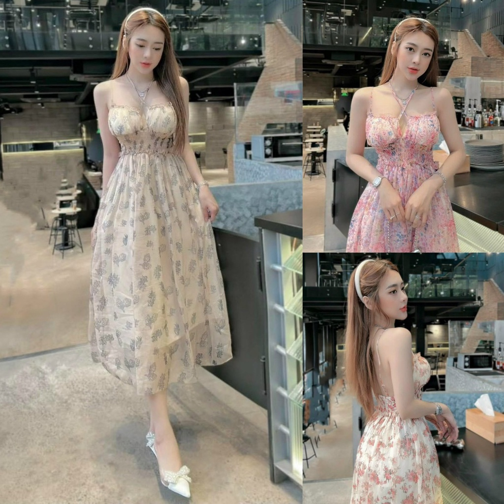 Đầm váy nữ maxi voan hoa xòe cổ yếm xinh xắn dành cho các nàng diện đi chơi, đi biển siêu xinh 161