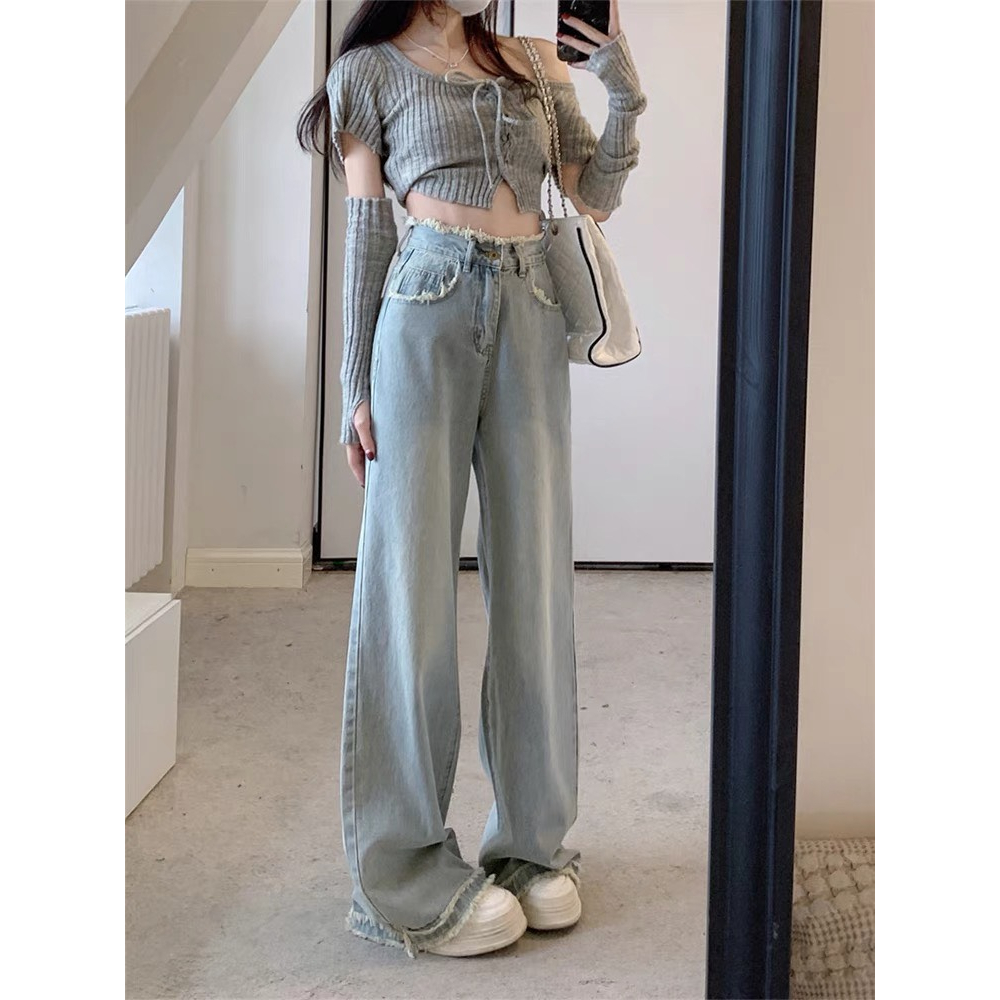 Quần jeans ống rộng xanh nhạt , Quần ống rộng dáng suông gấu 2 tầng tua rua phong cách MS 20