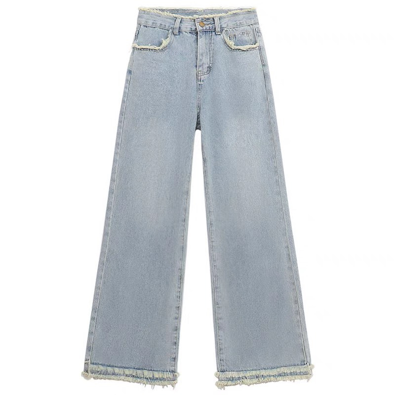 Quần jeans ống rộng xanh nhạt , Quần ống rộng dáng suông gấu 2 tầng tua rua phong cách MS 20