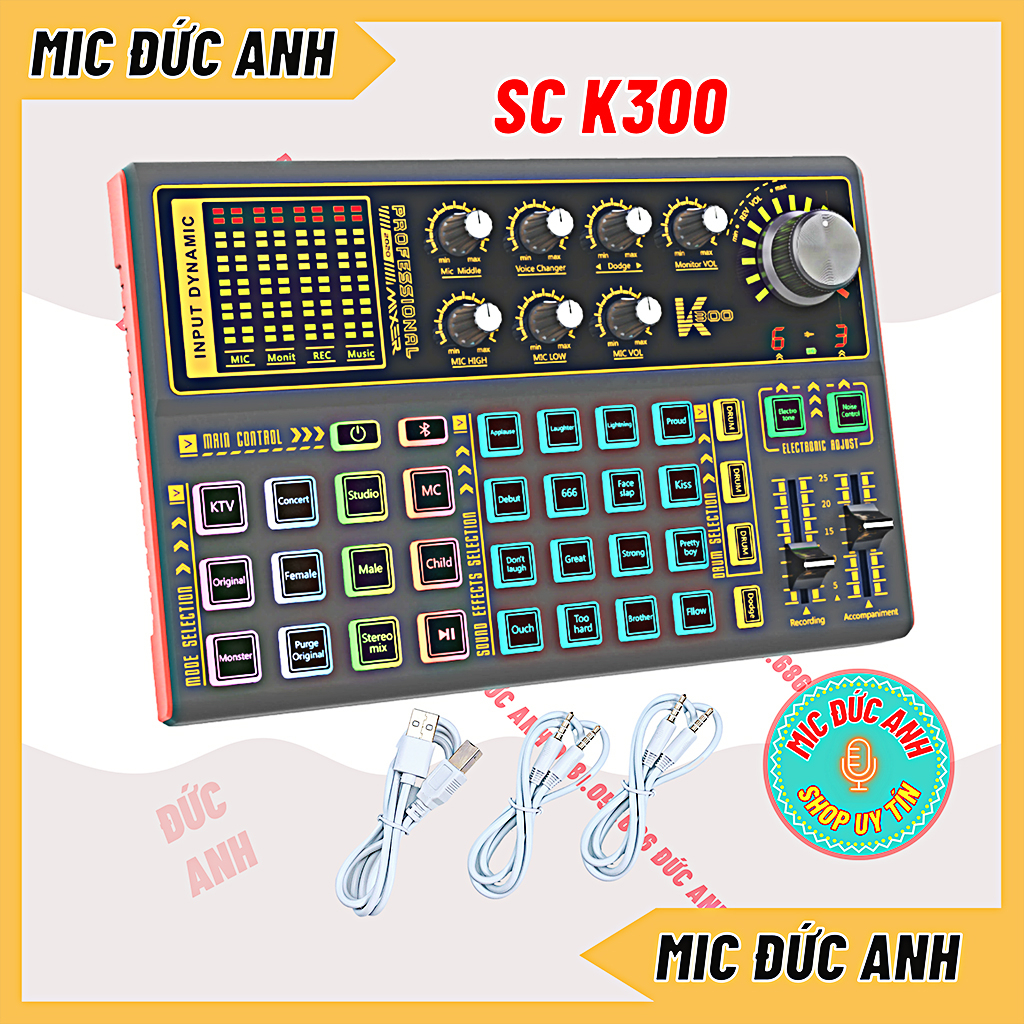 Sound card thu âm livestream k300 bluetooth, hỗ trợ tốt các dòng mic 5V, 48V. bảo hành 12 tháng rất nhiều hiệu ứng vui