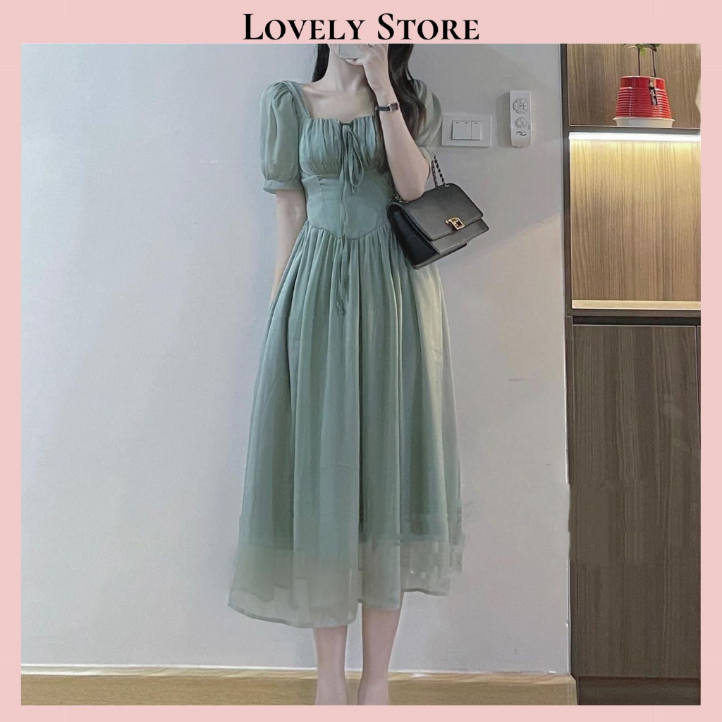 Váy LOVELY cổ vuông tay bồng dáng xòe dài phong cách tiểu thư