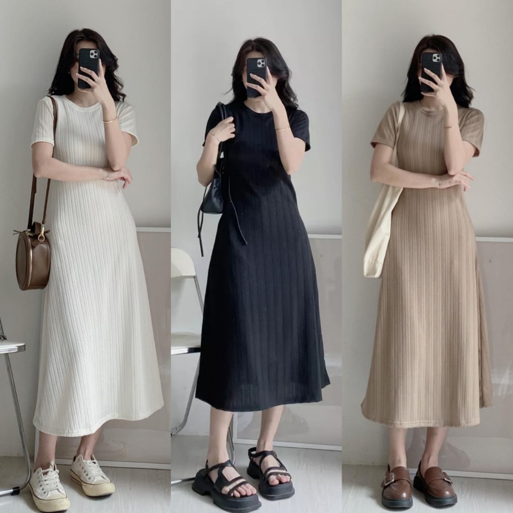 Váy thun gân tăm co dãn maxi qua gối - Retrostyle - Vayxuongca87551