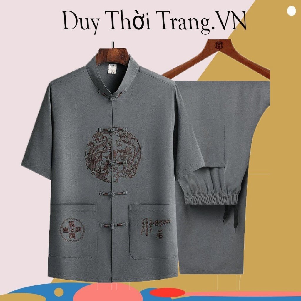 Trang Phục Thời Đường, Bộ Đồ Nam Chất Đũi Cho Bố, Ông Thêu Rồng Rộng Rãi, Sang Trọng.