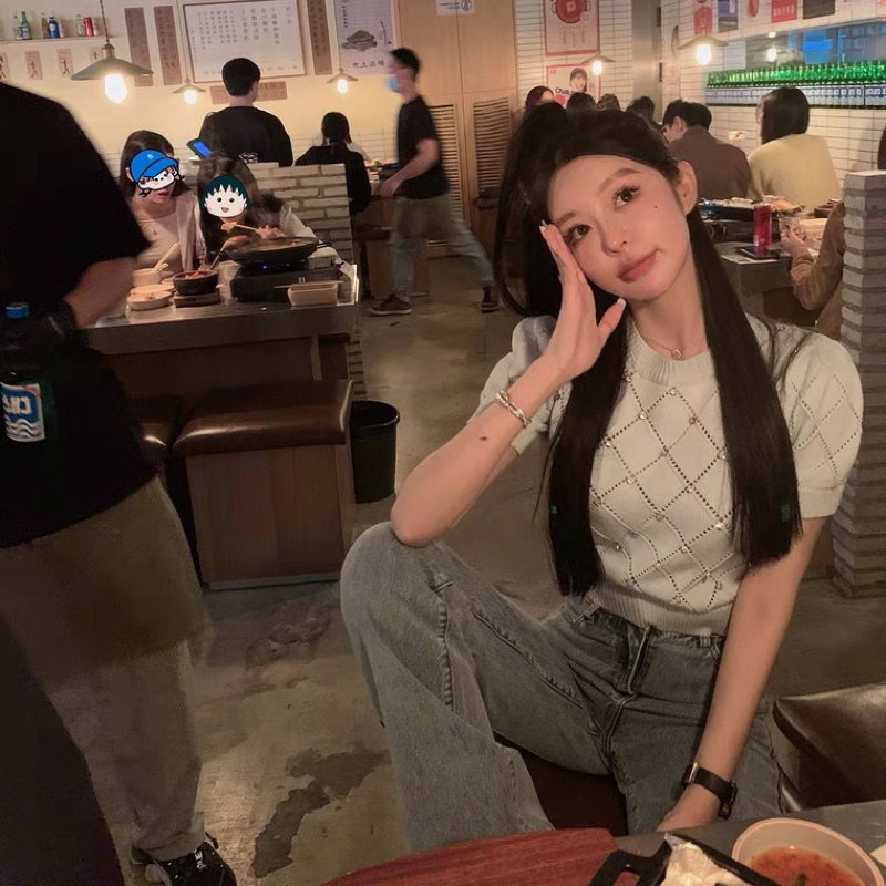 Áo len ngắn tay đính đá kiểu hotgirl siêu sang